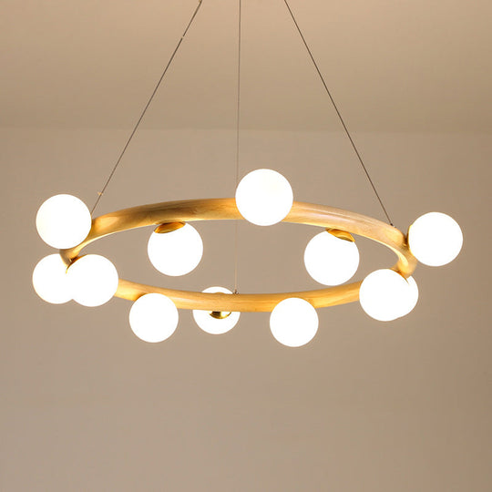 Modern Minimalist Natural Wood Round Chandelier - Stylish Light Fixture for Living Room Ceiling