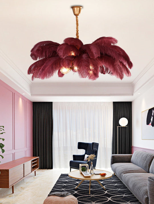 Modern Nordic 5-Light Ostrich Feather Ceiling Chandelier for Bedroom