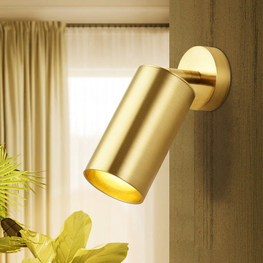 Golden 1-Head Contemporary Wall Sconce with Metallic Cylindrical Surface Mount