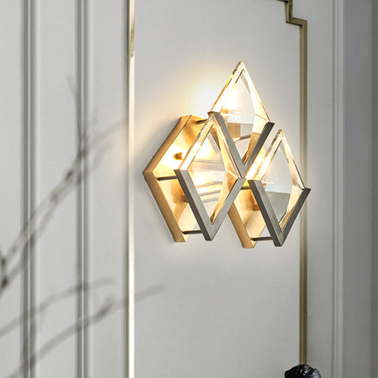 Vintage Gold Rhombus Wall Sconce with Clear Crystal - 3-Head Wall Mounted Lamp