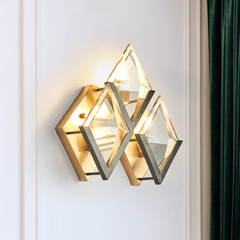 Vintage Gold Rhombus Wall Sconce with Clear Crystal - 3-Head Wall Mounted Lamp