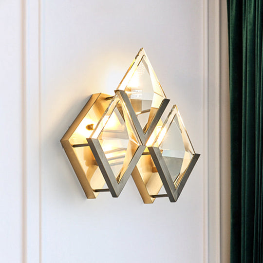 Vintage Gold Rhombus Wall Sconce with Clear Crystal - 3-Head Wall Mounted Lamp
