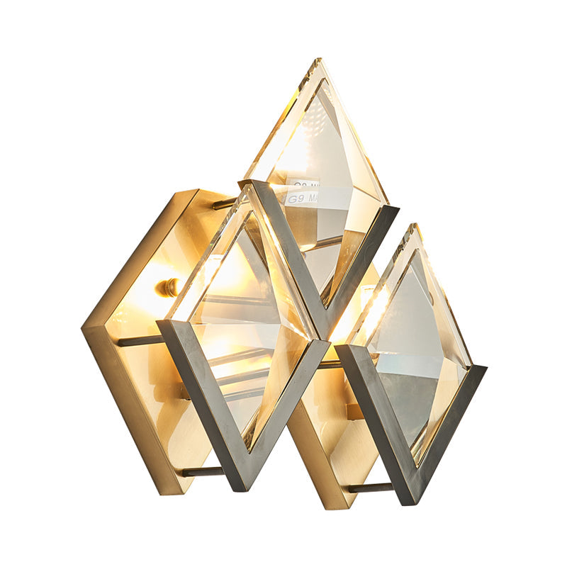 Vintage Gold Rhombus Wall Sconce with Clear Crystal - 3-Head Wall Mounted Lamp