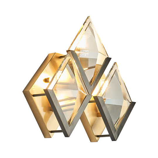 Vintage Gold Rhombus Wall Sconce with Clear Crystal - 3-Head Wall Mounted Lamp