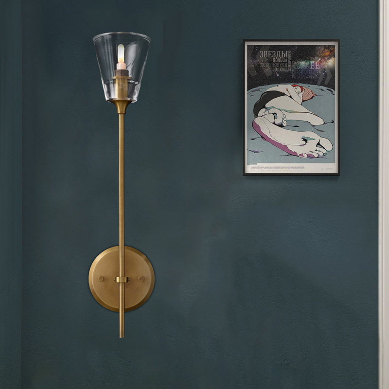 Vintage Black/Brass Pencil Arm Wall Lamp with Clear Glass Shade