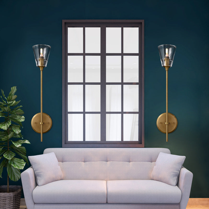 Vintage Black/Brass Pencil Arm Wall Lamp with Clear Glass Shade