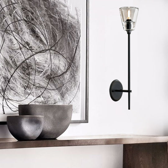 Vintage Black/Brass Pencil Arm Wall Lamp with Clear Glass Shade