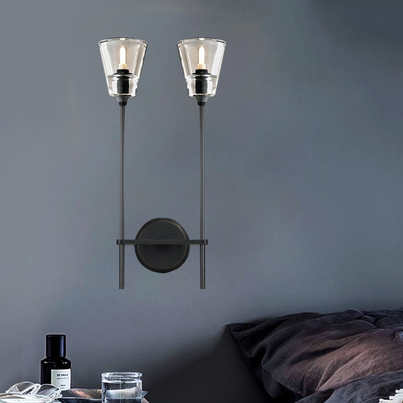 Vintage Black/Brass Pencil Arm Wall Lamp with Clear Glass Shade