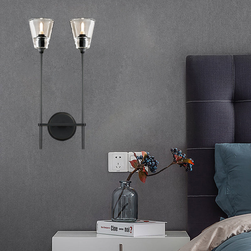 Vintage Black/Brass Pencil Arm Wall Lamp with Clear Glass Shade