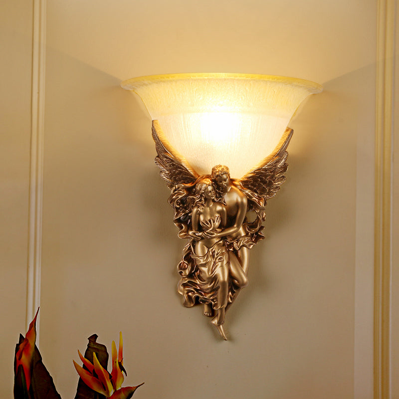 Colonialist Frosted Glass Flush Mount Wall Light with Gold/Beige Bell Design