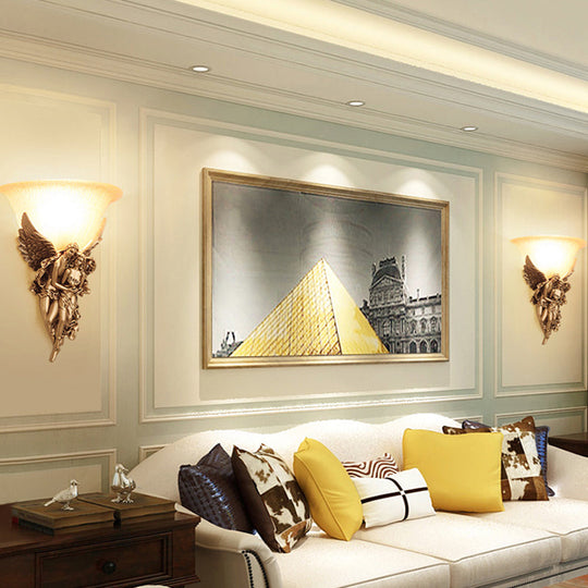 Colonialist Frosted Glass Flush Mount Wall Light with Gold/Beige Bell Design