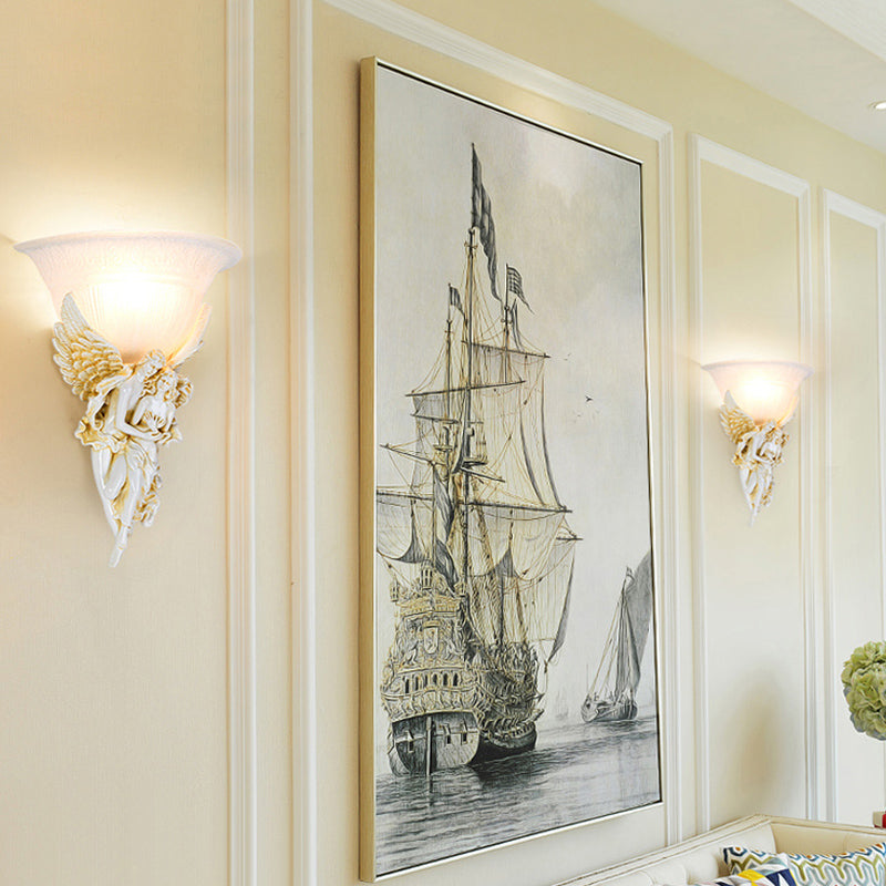 Colonialist Frosted Glass Flush Mount Wall Light with Gold/Beige Bell Design