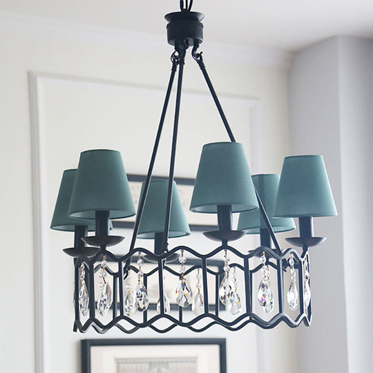 Contemporary Black Circular Pendant Chandelier with Cone Shade, Crystal Accent – 6 Lights, Ideal for Table Lighting