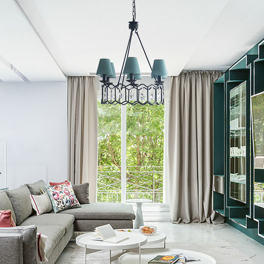 Contemporary Black Circular Pendant Chandelier with Cone Shade, Crystal Accent – 6 Lights, Ideal for Table Lighting