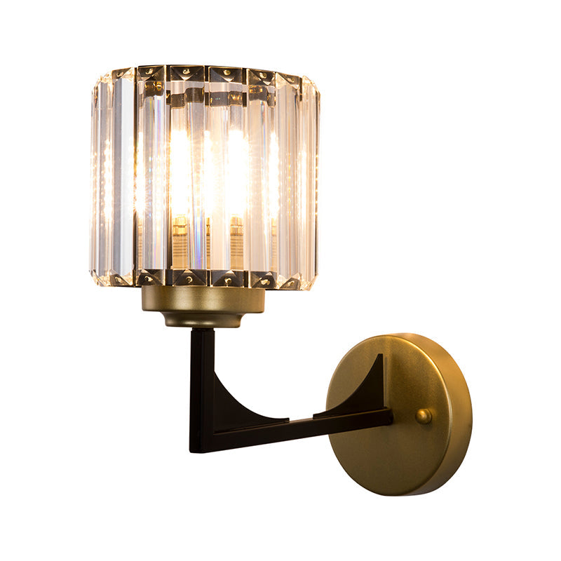 Modern Crystal Wall Lamp in Brass with Angle-Armed Wall Lighting & Clear Cylindrical Shade