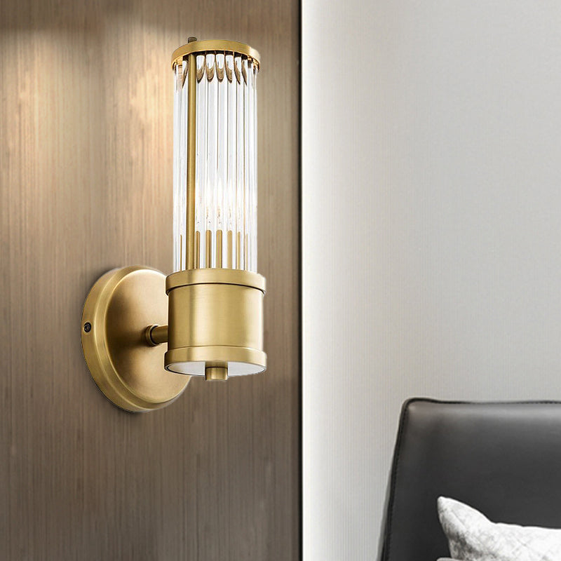 Contemporary Gold Crystal Wall Sconce for Living Room - 1/2 Bulb Cylindrical Design