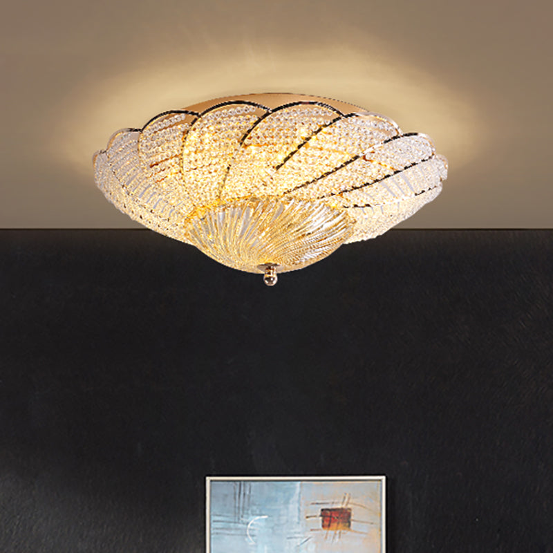 Vintage Scalloped Flush Light with Crystal Beads in Gold - 13"/16.5"/20.5" W, Yellow/White Light