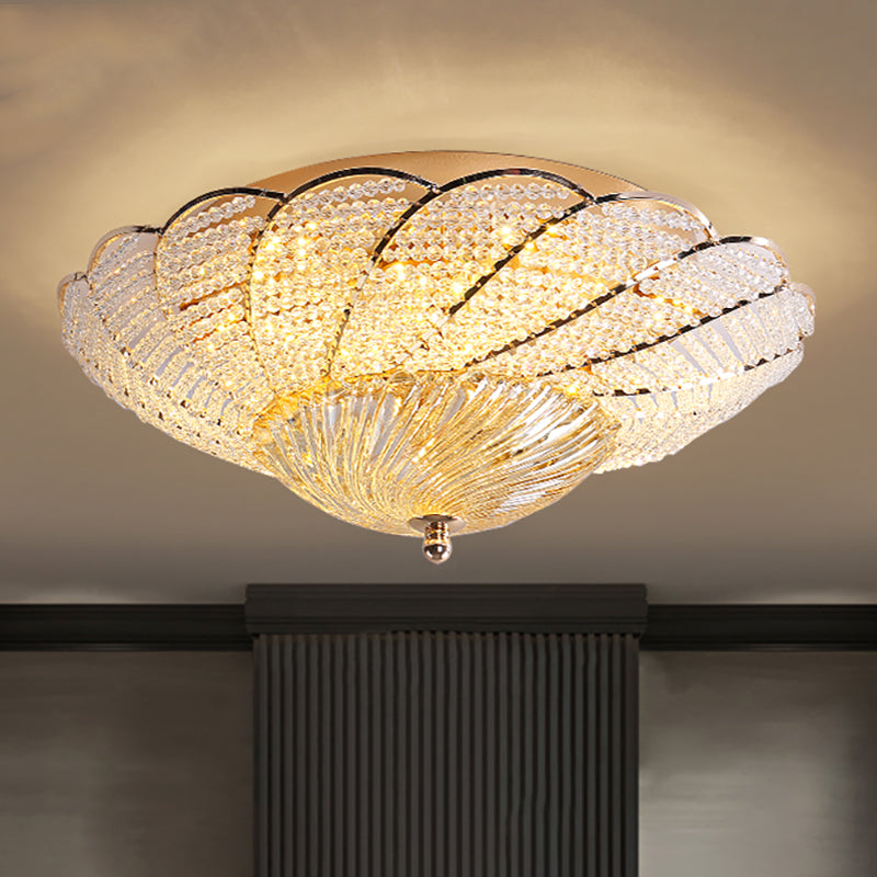 Vintage Scalloped Flush Light with Crystal Beads in Gold - 13"/16.5"/20.5" W, Yellow/White Light