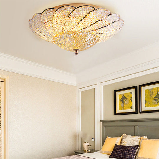 Vintage Scalloped Flush Light with Crystal Beads in Gold - 13"/16.5"/20.5" W, Yellow/White Light