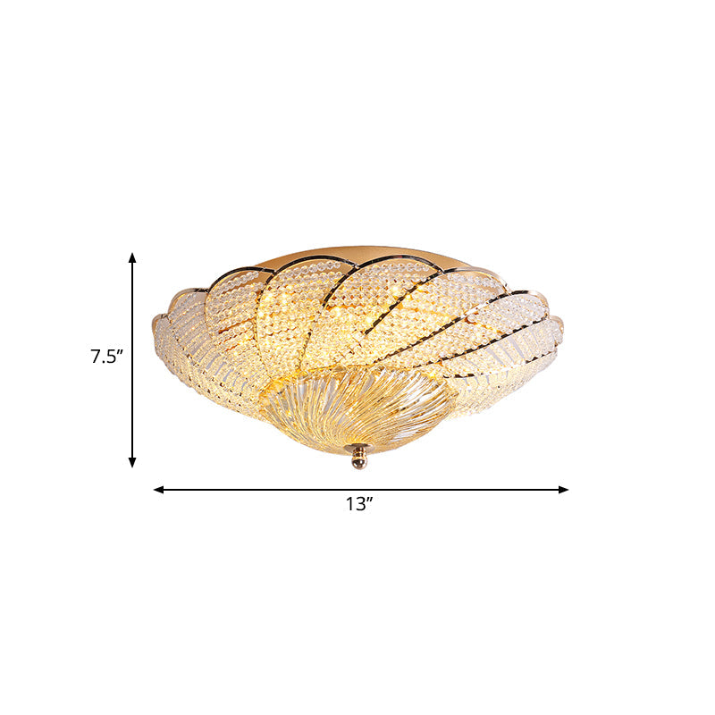 Vintage Scalloped Flush Light with Crystal Beads in Gold - 13"/16.5"/20.5" W, Yellow/White Light