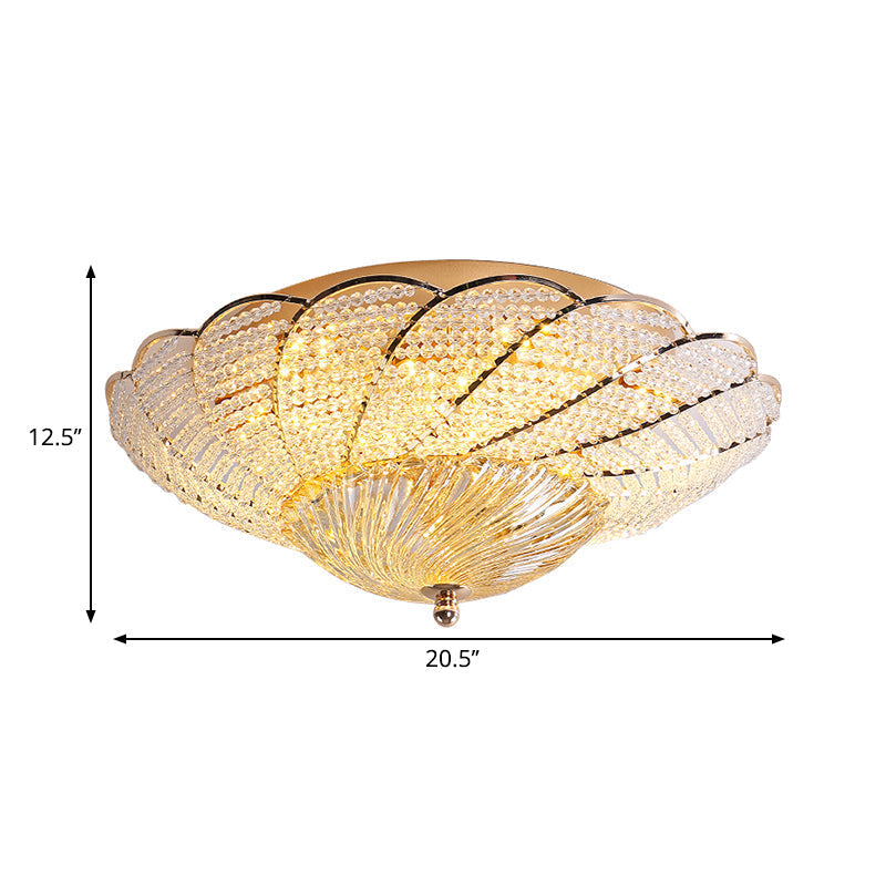 Vintage Scalloped Flush Light with Crystal Beads in Gold - 13"/16.5"/20.5" W, Yellow/White Light