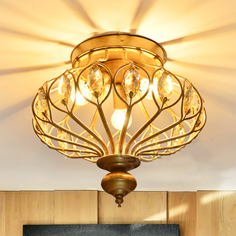 Metal Cage Crystal Flush Mount Lamp, 3/6 Lights, Brass
