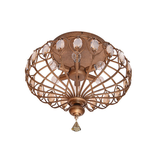 Metal Cage Crystal Flush Mount Lamp, 3/6 Lights, Brass