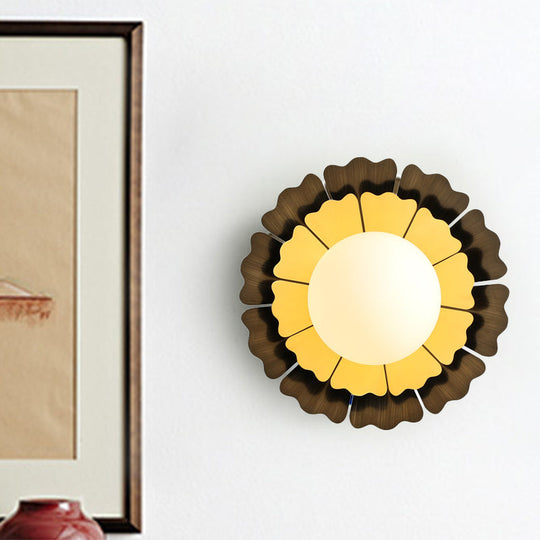 Sunflower Sconce Light Metallic Wall Lamp: Macaron Yellow 1-Light, Matte White Glass Ball