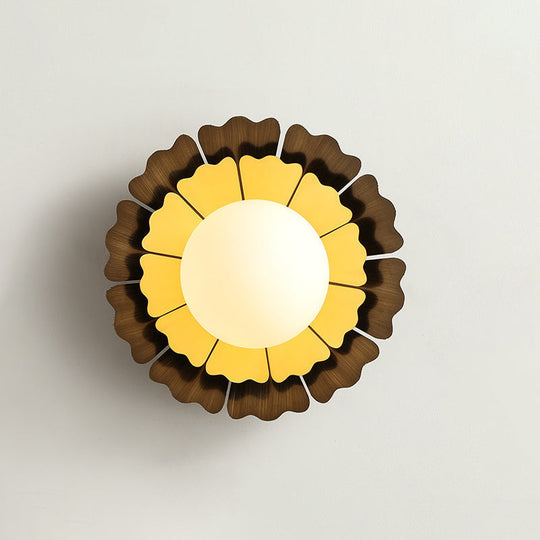 Sunflower Sconce Light Metallic Wall Lamp: Macaron Yellow 1-Light, Matte White Glass Ball