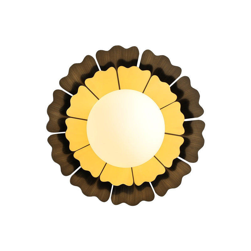 Sunflower Sconce Light Metallic Wall Lamp: Macaron Yellow 1-Light, Matte White Glass Ball