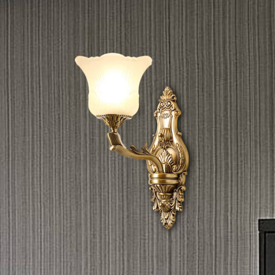 Opal Glass Petal Wall Sconce - Classic 1/2-Head Bedroom Light with Brass Carved Arm