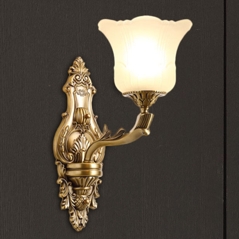 Opal Glass Petal Wall Sconce - Classic 1/2-Head Bedroom Light with Brass Carved Arm