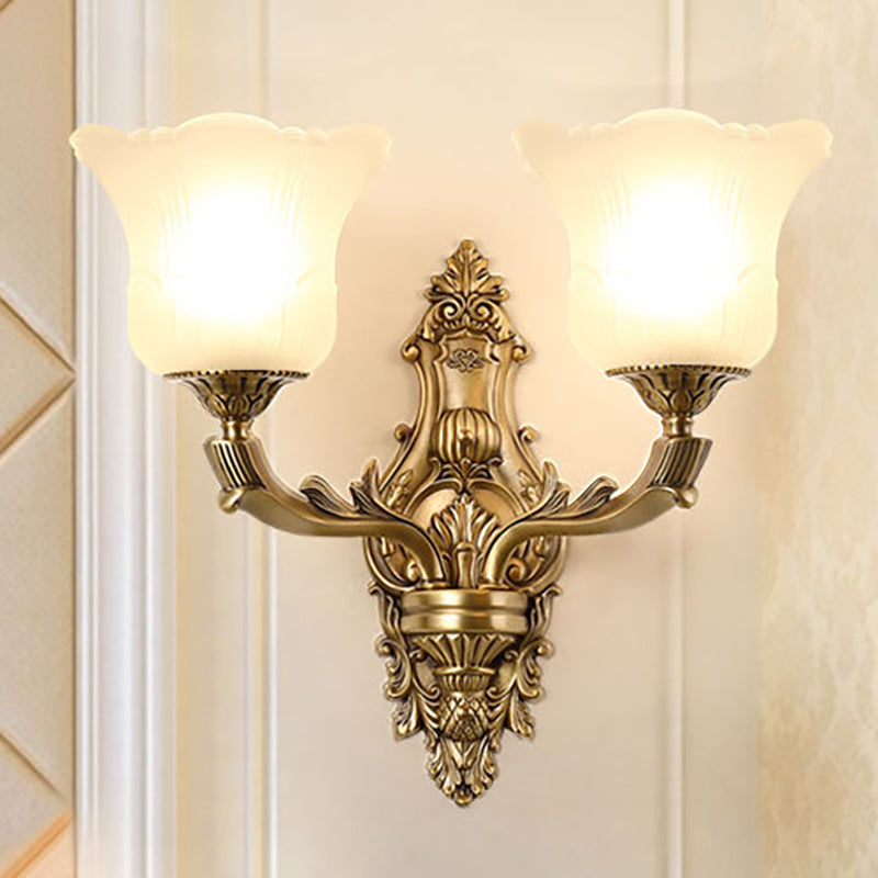 Opal Glass Petal Wall Sconce - Classic 1/2-Head Bedroom Light with Brass Carved Arm