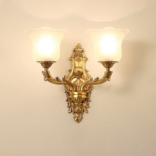 Opal Glass Petal Wall Sconce - Classic 1/2-Head Bedroom Light with Brass Carved Arm