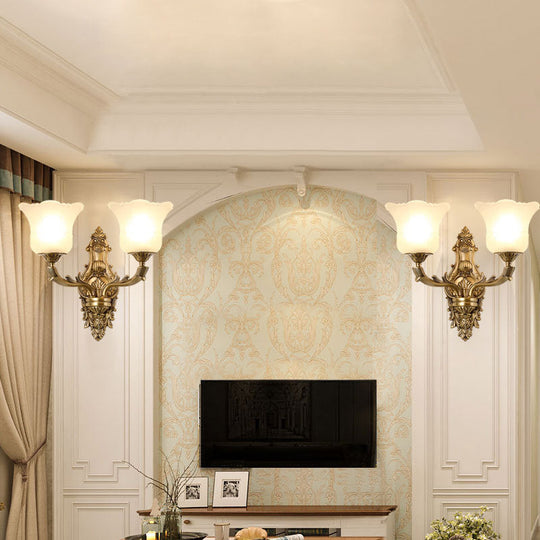 Opal Glass Petal Wall Sconce - Classic 1/2-Head Bedroom Light with Brass Carved Arm