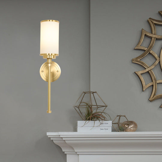 Modern Brass Finish Wall Lamp with Frosted Glass Cylinder Mount Light