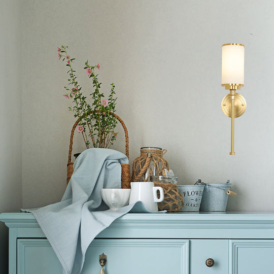 Modern Brass Finish Wall Lamp with Frosted Glass Cylinder Mount Light