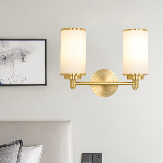 Modern Brass Finish Wall Lamp with Frosted Glass Cylinder Mount Light