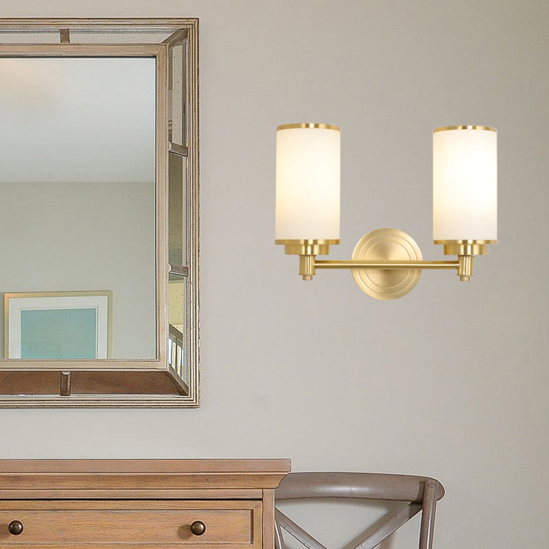Modern Brass Finish Wall Lamp with Frosted Glass Cylinder Mount Light