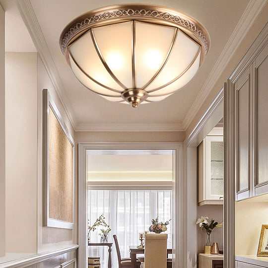 Bedroom Ceiling Flush Mount Light - Colonial Dome Ivory Glass Fixture with Brass Accents