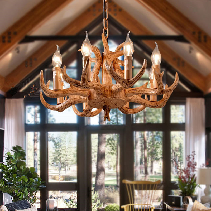 Lodge-Style Antler Resin Chandelier – 8-Light Rustic Wood Pendant