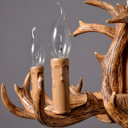 Lodge-Style Antler Resin Chandelier – 8-Light Rustic Wood Pendant
