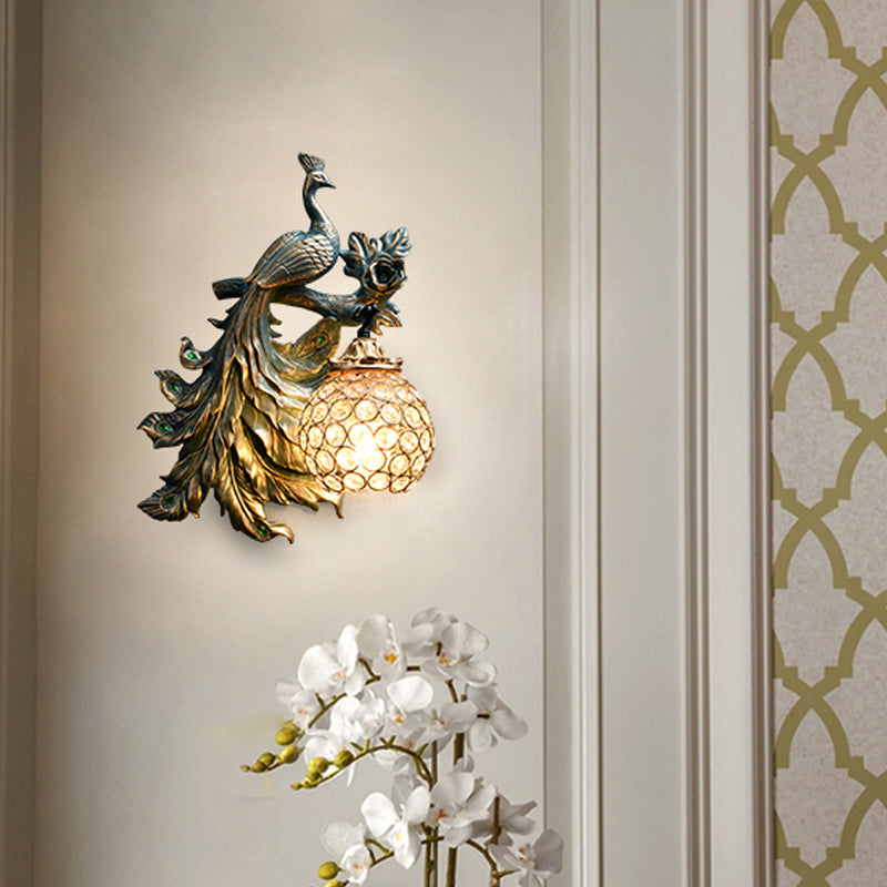 Bronze Resin Peacock Corridor Wall Sconce with Clear Crystal Shade