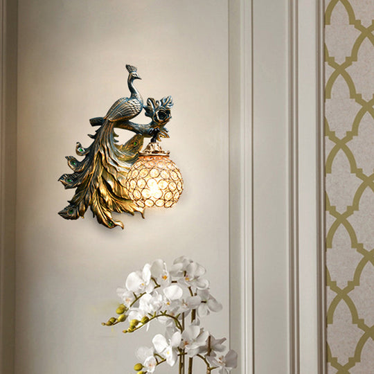 Bronze Resin Peacock Corridor Wall Sconce with Clear Crystal Shade