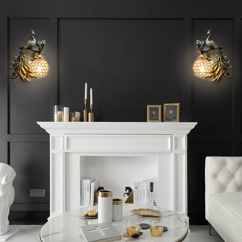 Bronze Resin Peacock Corridor Wall Sconce with Clear Crystal Shade