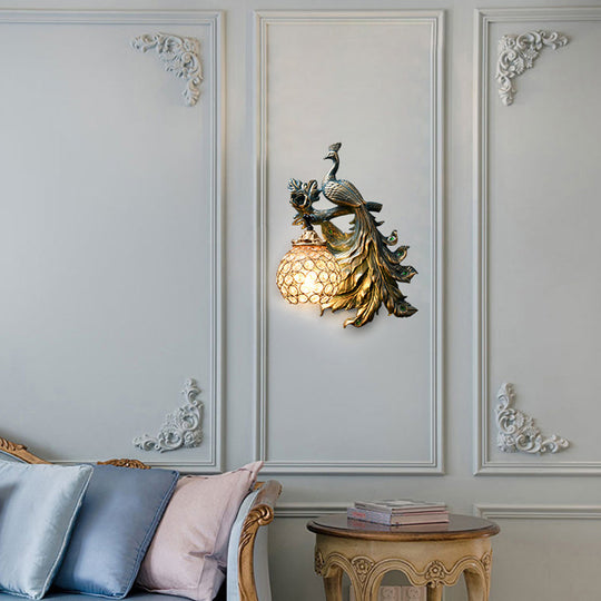 Bronze Resin Peacock Corridor Wall Sconce with Clear Crystal Shade