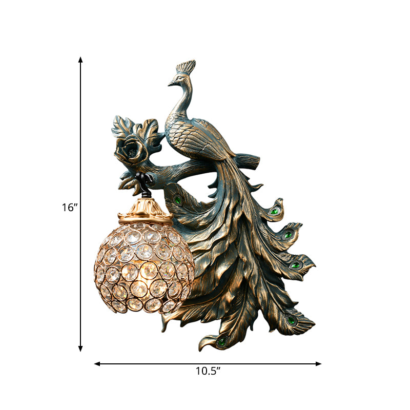 Bronze Resin Peacock Corridor Wall Sconce with Clear Crystal Shade