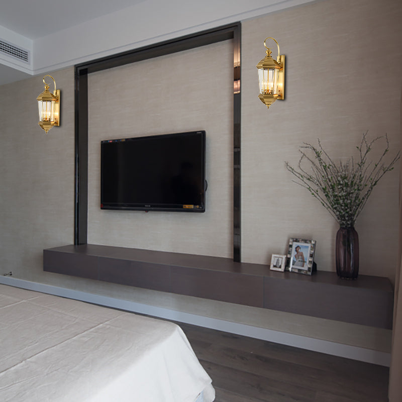 Traditional Gold Outdoor Lantern Wall Sconce - Metal 1-Bulb Wall Light Fixture