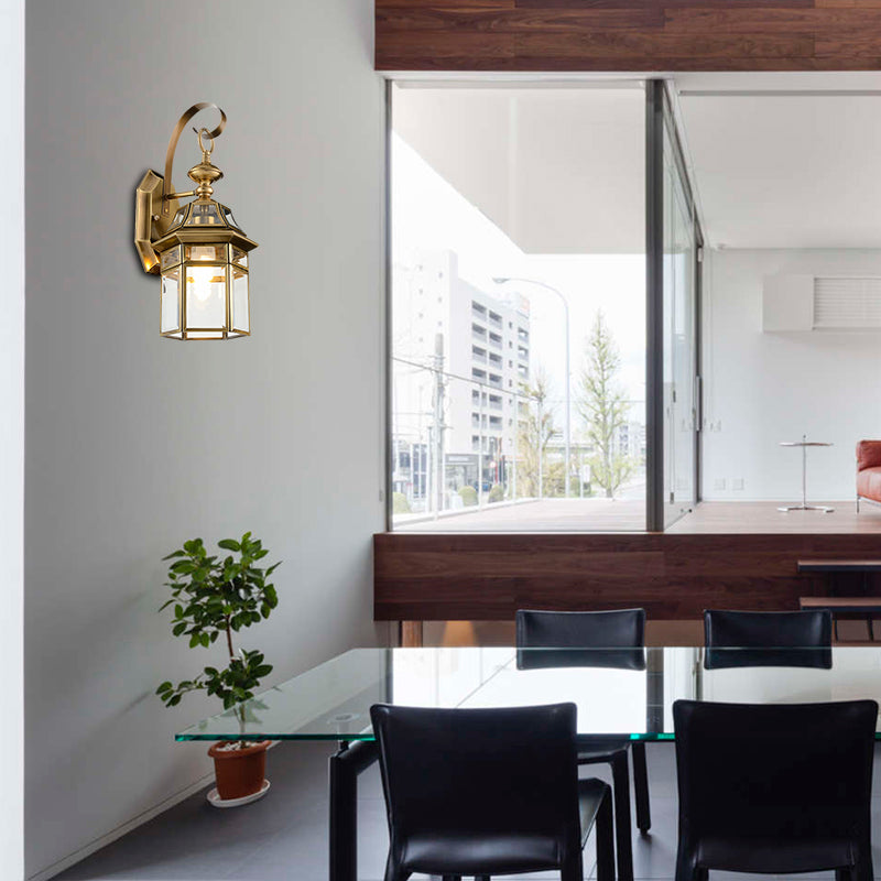 Brass Lantern Wall Lamp with Clear Glass Pane for Outdoor Lighting