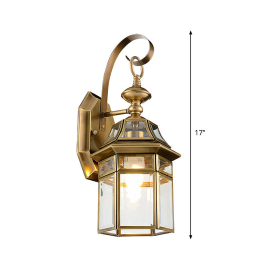 Brass Lantern Wall Lamp with Clear Glass Pane for Outdoor Lighting